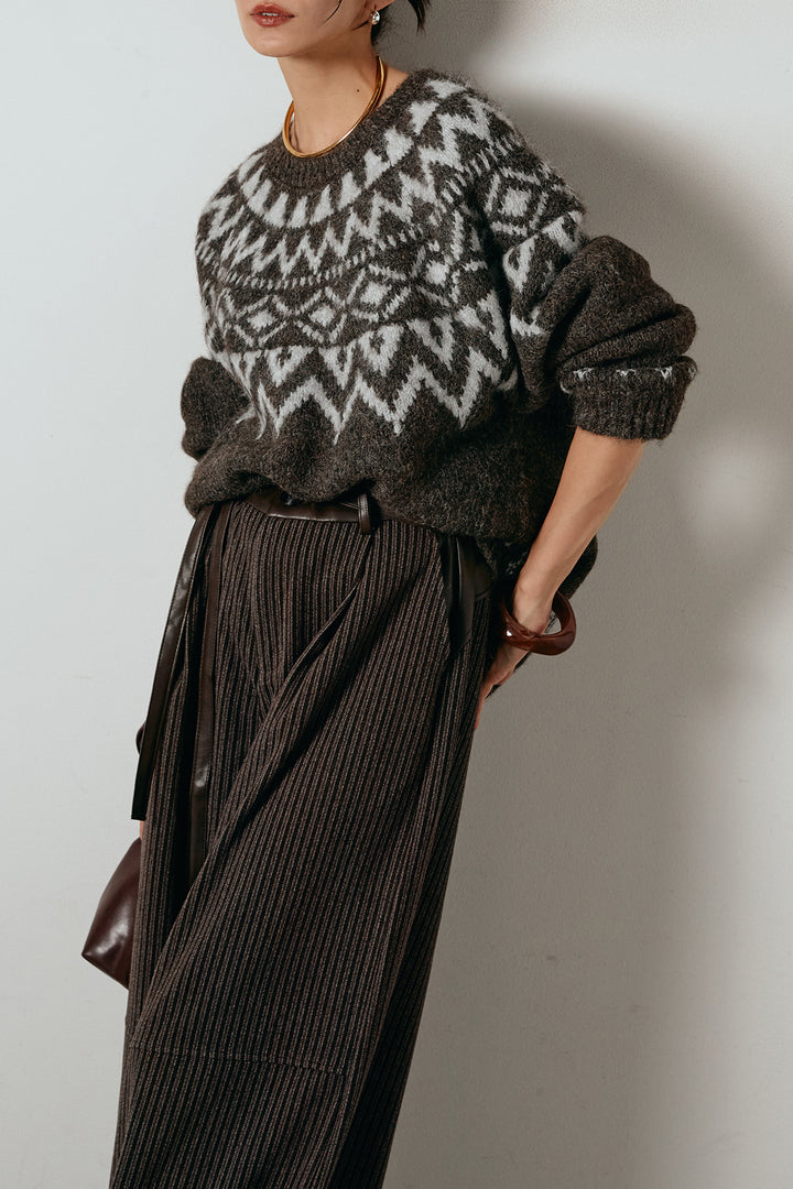 [SET]ノルディック柄Uネックプルオーバー+レザーライク配色ストライプパンツ(2set)