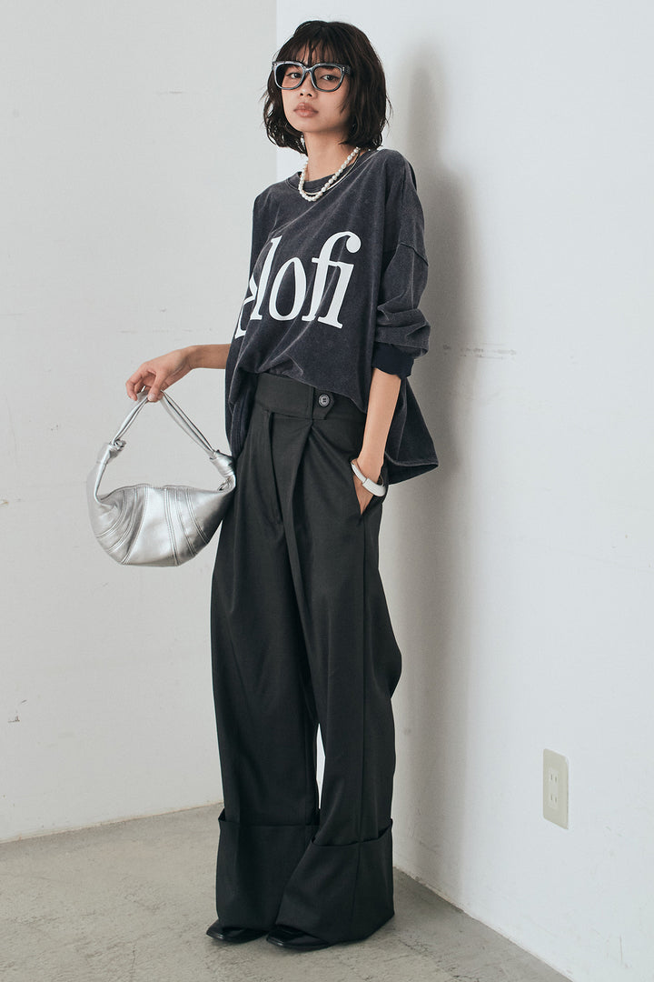 [SET]裾センタードロストロゴプリントワイドTシャツ+センタープレスセミワイドパンツ(2set)