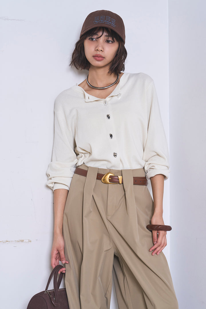 [SET]リサイクルポリニュアンス釦カーデ+ベルトループデザインハイウエストタックパンツ(2set)