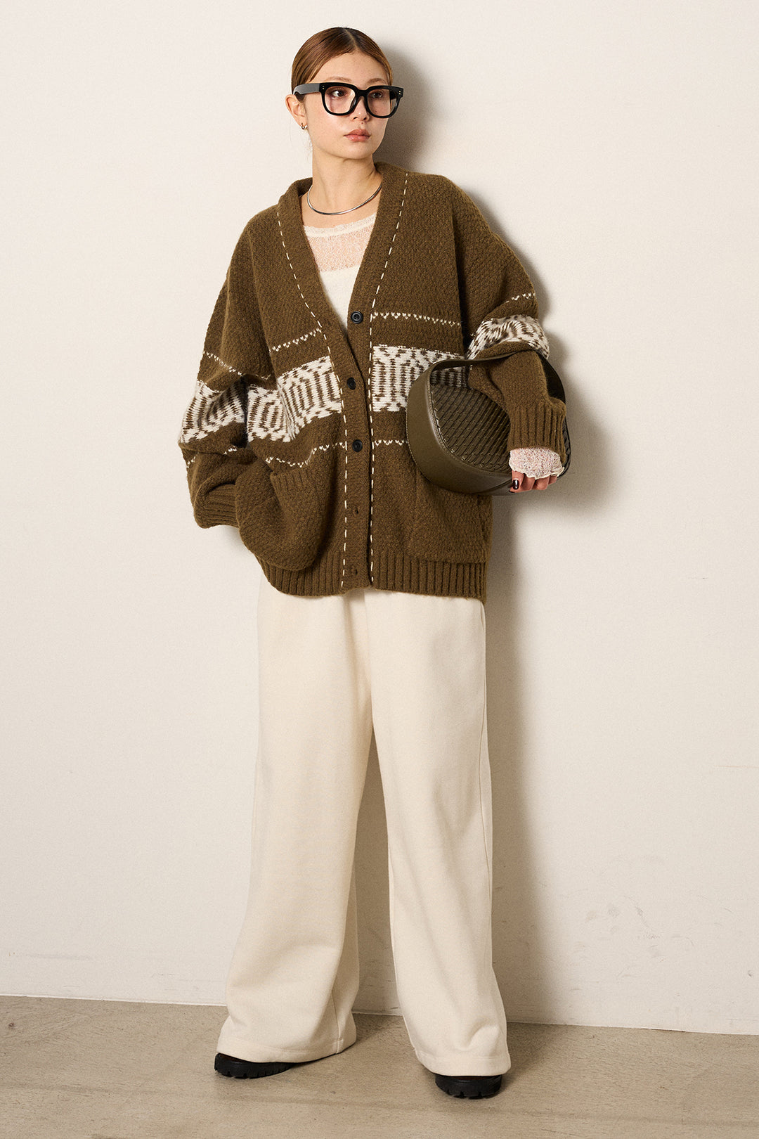 [SET]ライン柄ステッチニットカーディガン+2WAY袖コード刺繍クルーネックプルオーバー+裏起毛スウェットワイドパンツ(3set)