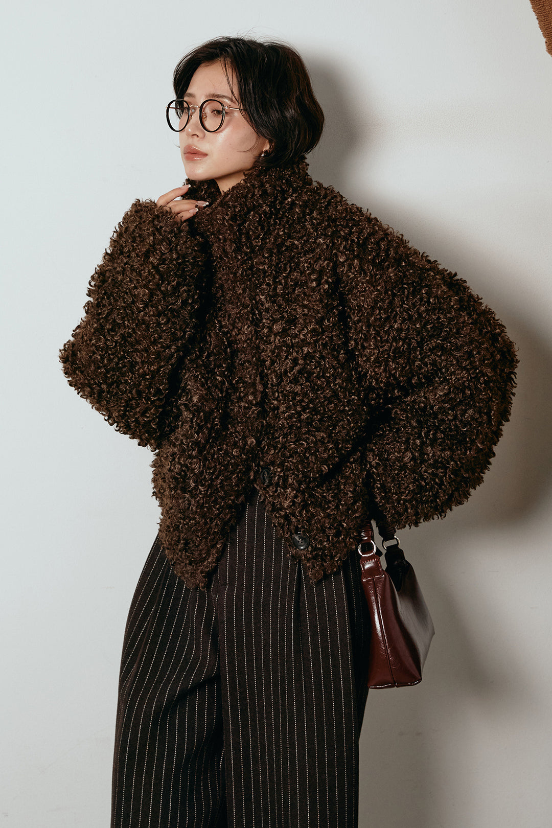 [SET]プードルファーミドルジャケット+ウールライクストライプパンツ(2set)