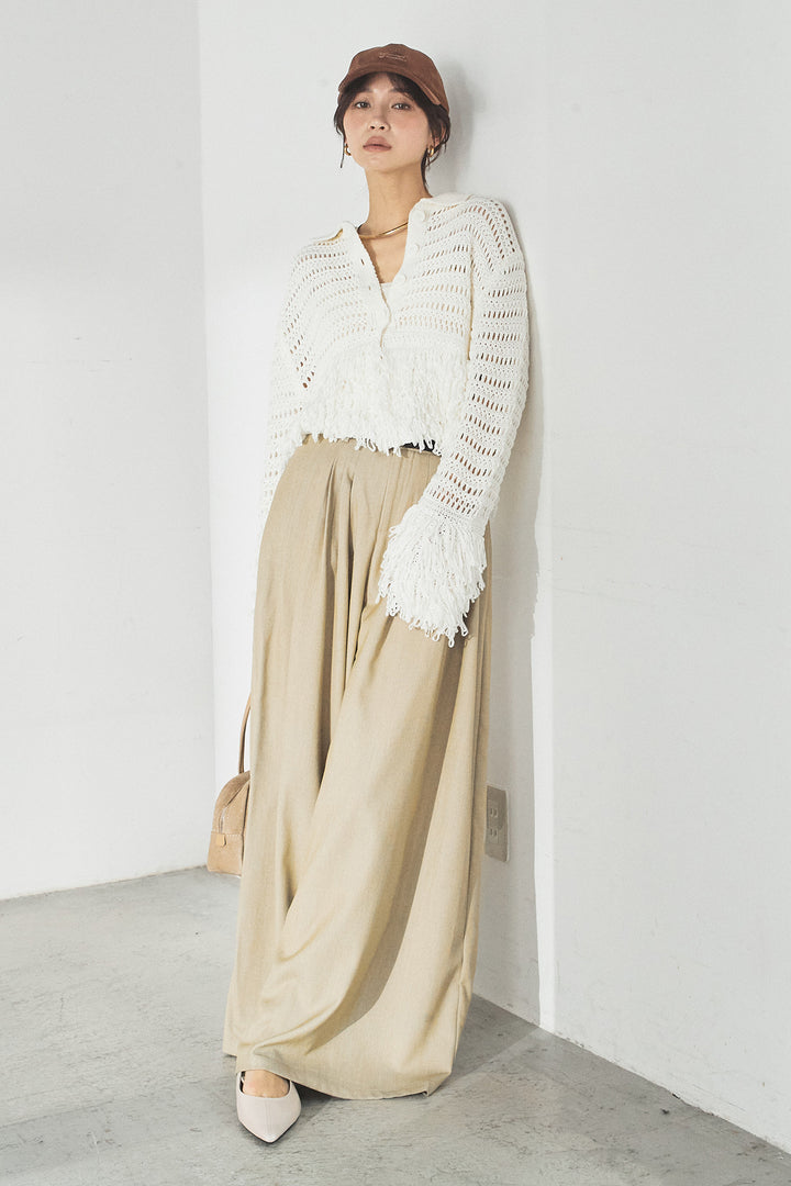 [SET]メッシュフリンジカーディガン+編みベルト付きウエストタックワイドパンツ(2set)