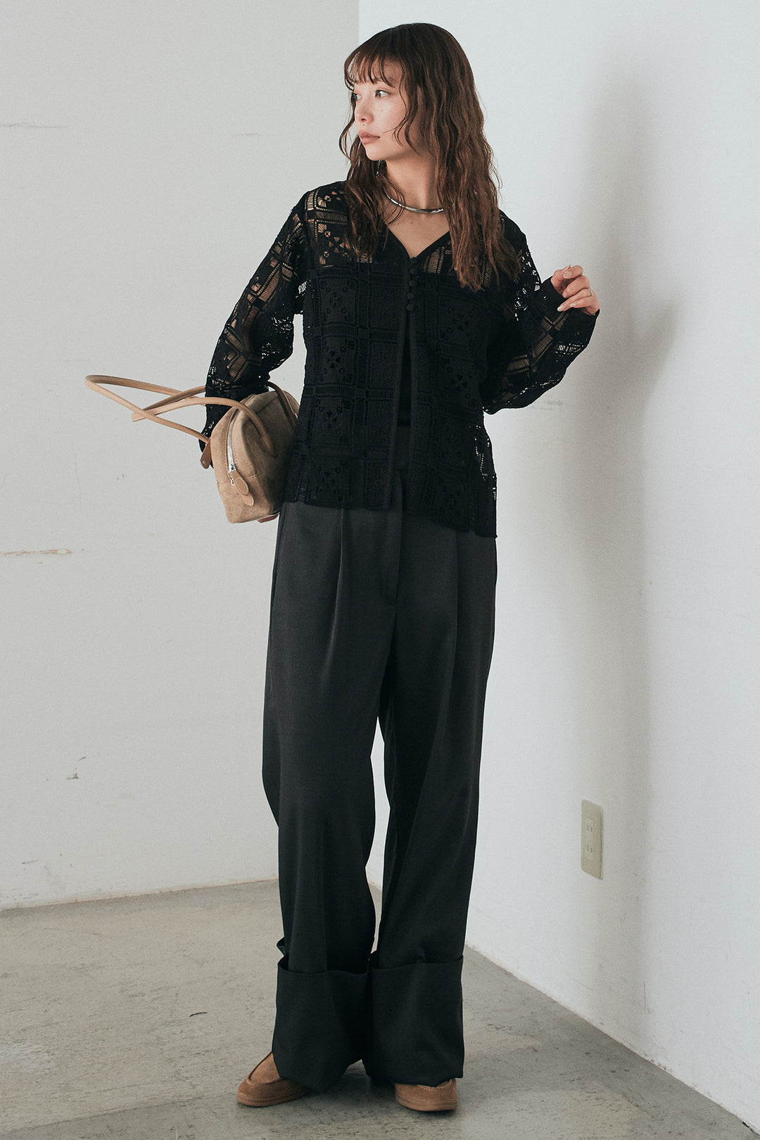 [SET]クロシェレースカーディガン+センタープレスセミワイドパンツ(2set)