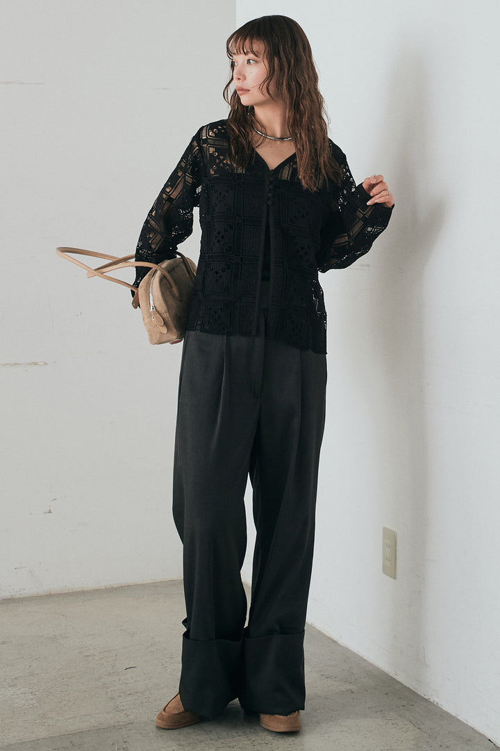 [SET]クロシェレースカーディガン+センタープレスセミワイドパンツ(2set)