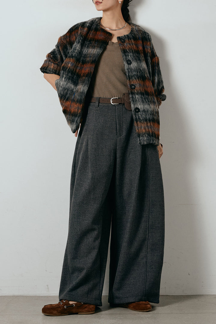 [SET]ノーカラーシャギーチェックアウター+ポーチベルト付きカーブパンツ(2set)