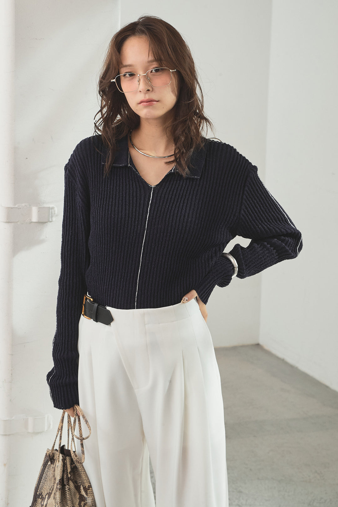 [SET]衿付きニットプルオーバー+サイドベルトタック入りスラックス(2set)