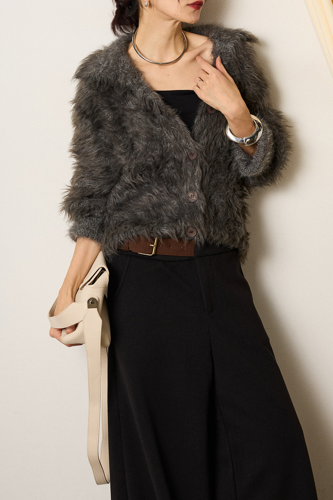 [SET]襟付きシャギーニットカーディガン+サイドベルトパンツ(2set)