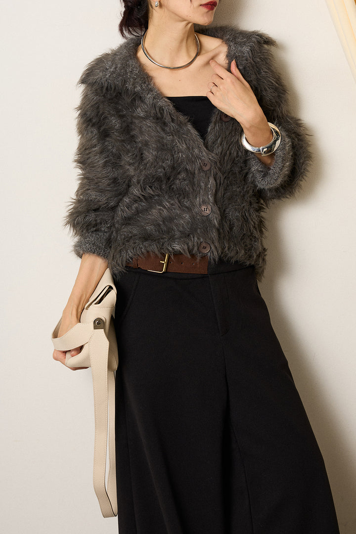 [SET]襟付きシャギーニットカーディガン+サイドベルトパンツ(2set)