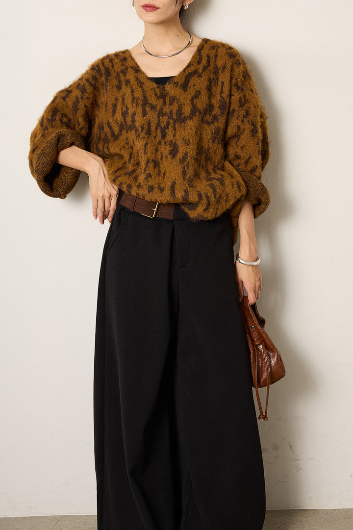[SET]フラッフィーレオパードシャギーニット+サイドベルトパンツ(2set)