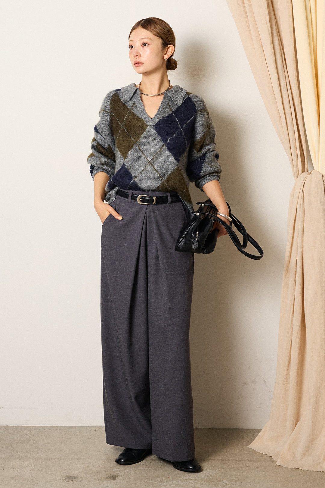 [SET]アクリルモヘアアーガイルキーネックプルオーバー+フロントワイドタックネップ入ワイドパンツ(2set)