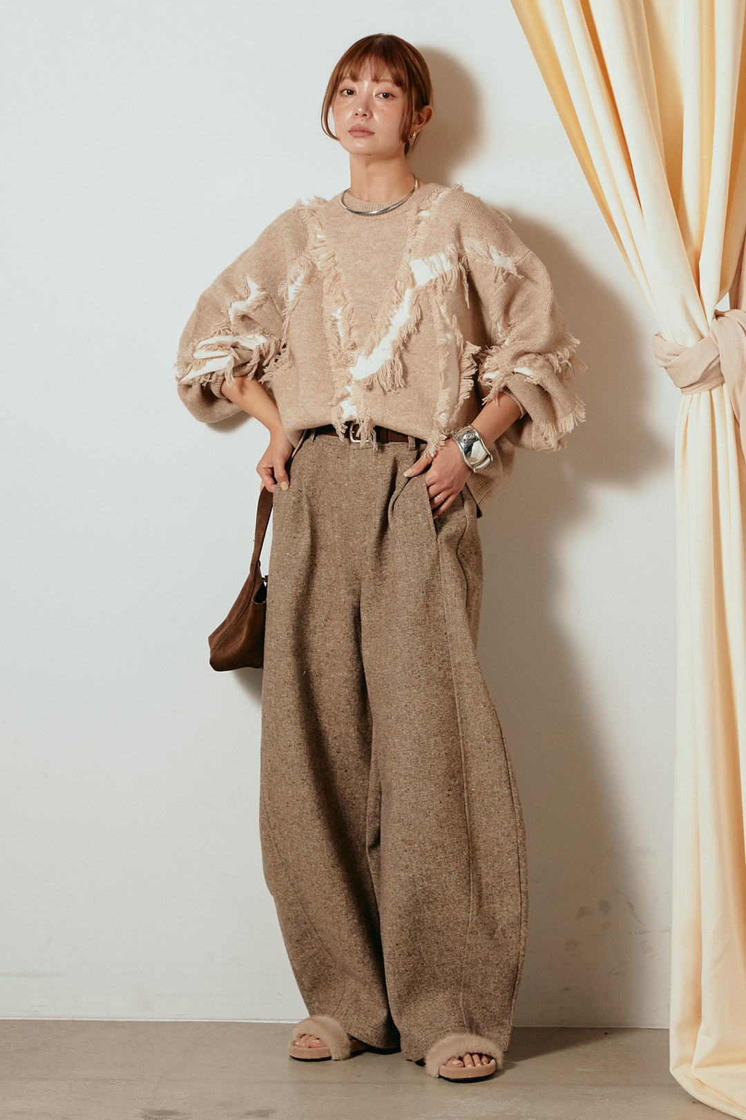 [SET]シャギージャガードニットトップス+ベルト付きネップツイードカーブパンツ(2set)