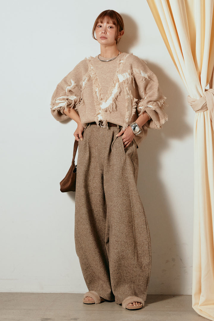 [SET]シャギージャガードニットトップス+ベルト付きネップツイードカーブパンツ(2set)