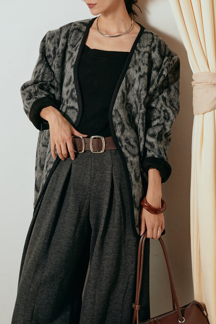 [SET]ノーカラーレオパード柄アウター+フェイクレザー太ベルト付きタックワイドパンツ(2set)