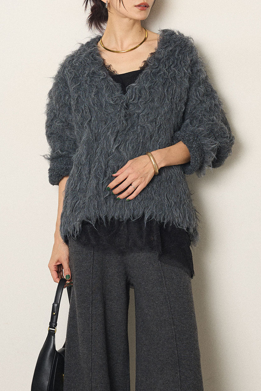 [SET]起毛シャギーニットカーディガン+レース切り替えキャミソール(2set)