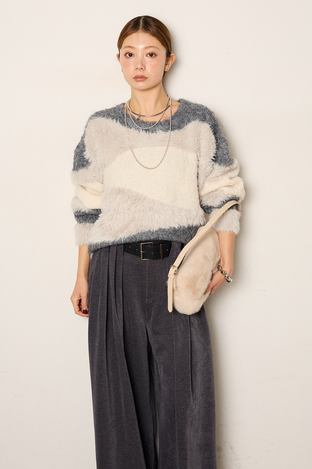 [SET]シャギーウェーブ柄クルーネックニットトップス+ベルトループコーデュロイワイドパンツ(2set)