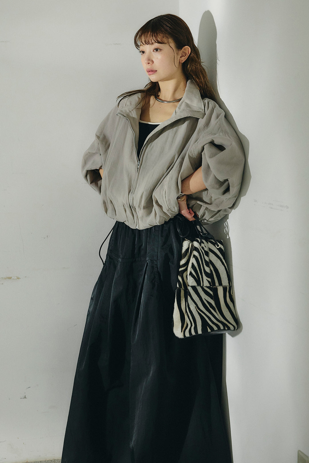 [SET]スタンドネックシアーブルゾン+ナイロンデザインフレアスカート(2set)