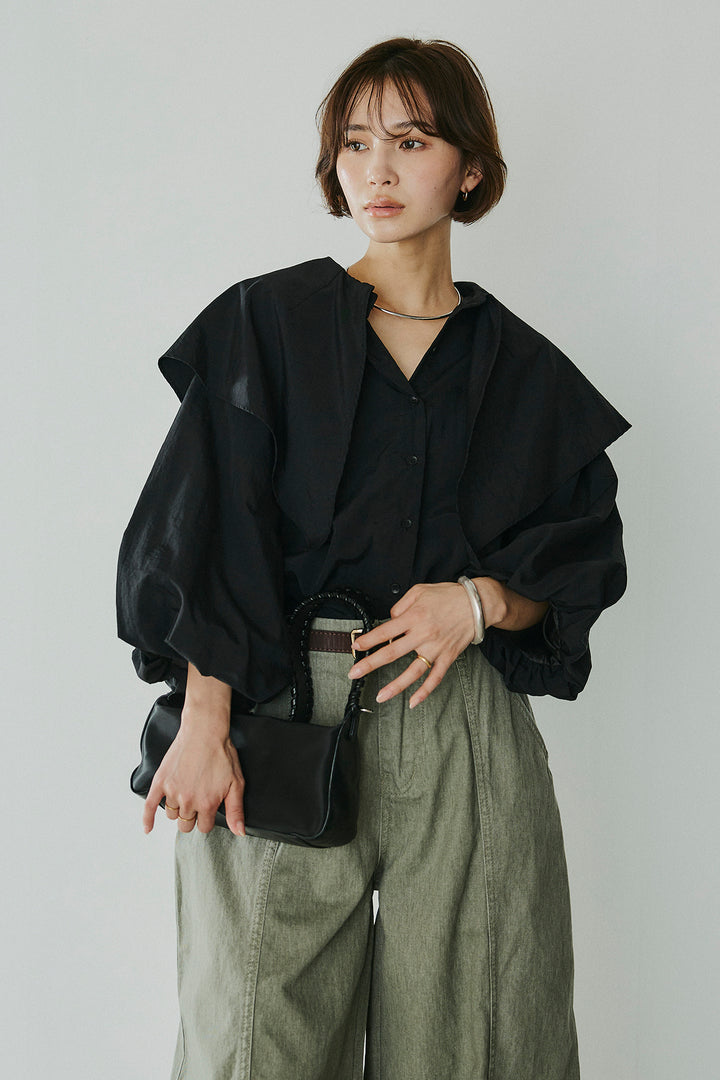 [SET]ケープカラーナイロンブラウス+サイドベルトカーブワイドパンツ(2set)