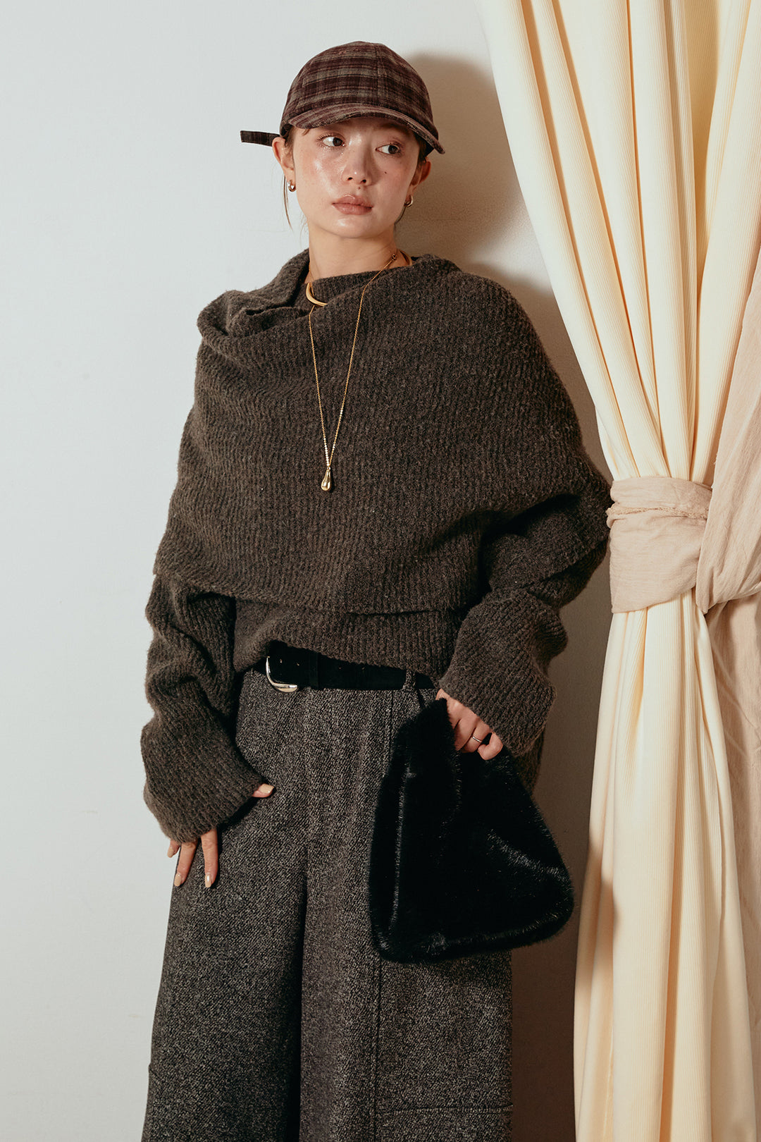 [SET]ケープデザインリブニットトップス+太ベルト付きツイードワイドパンツ(2set)