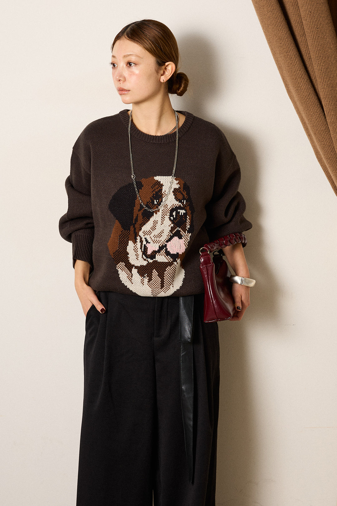 [SET]アニマルジャガード柄ニットトップス+巻ベルトウエストレザーライクワイドパンツ(2set)