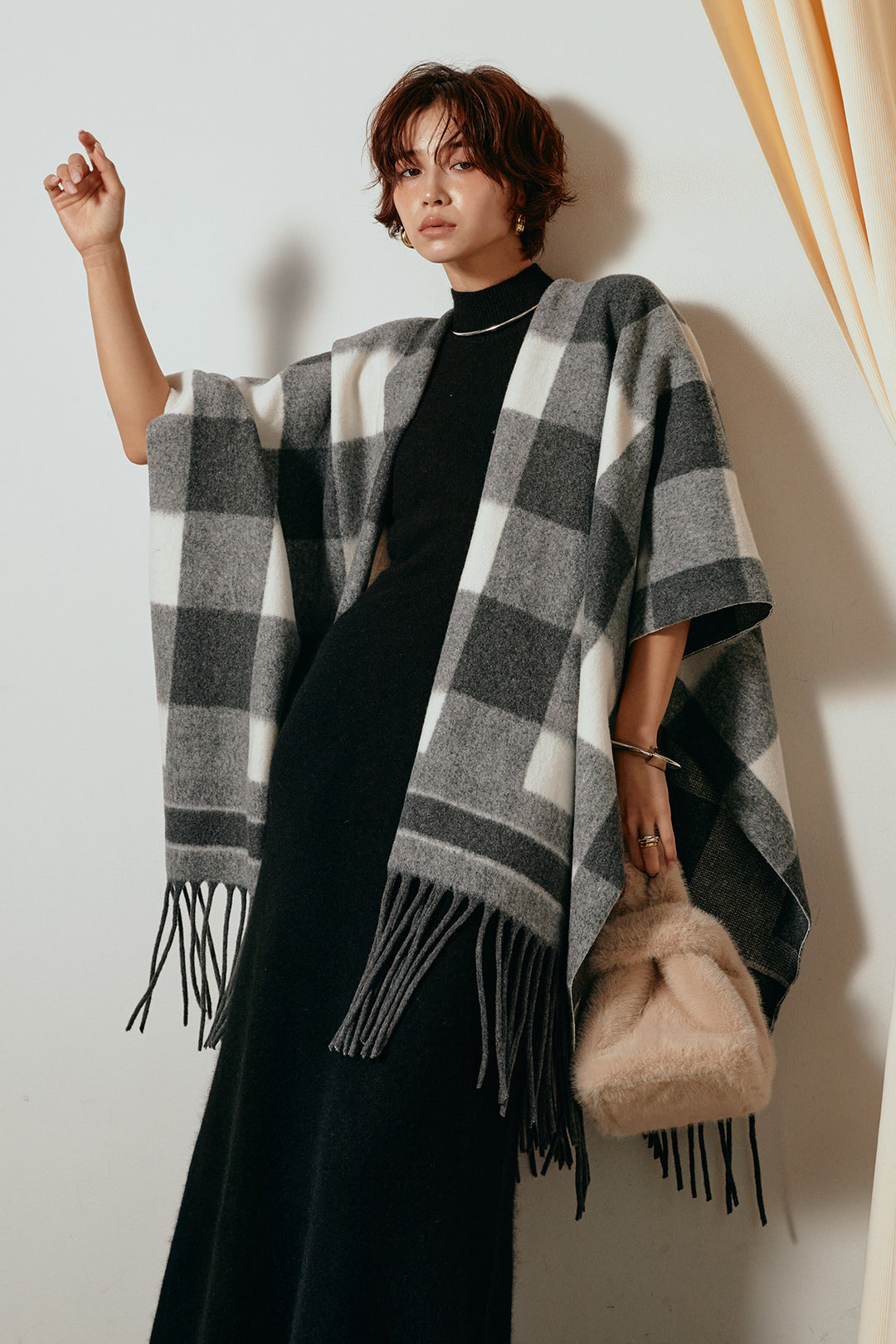 [SET]裾フリンジ柄ポンチョアウター+ノースリーブニットロングワンピース(2set)