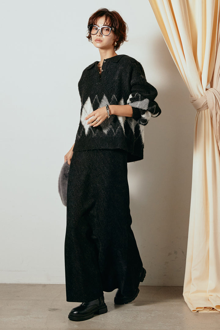 [SET]アーガイル柄ポロニットトップス+スウェードライクロングスカート(2set)