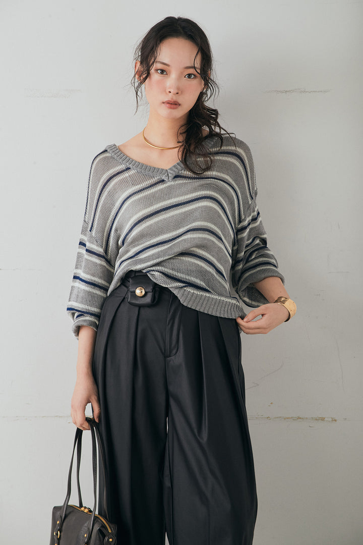 [SET]綿タッチVネックボーダートップス+ウォッシャブルエコレザータックパンツ(2set)