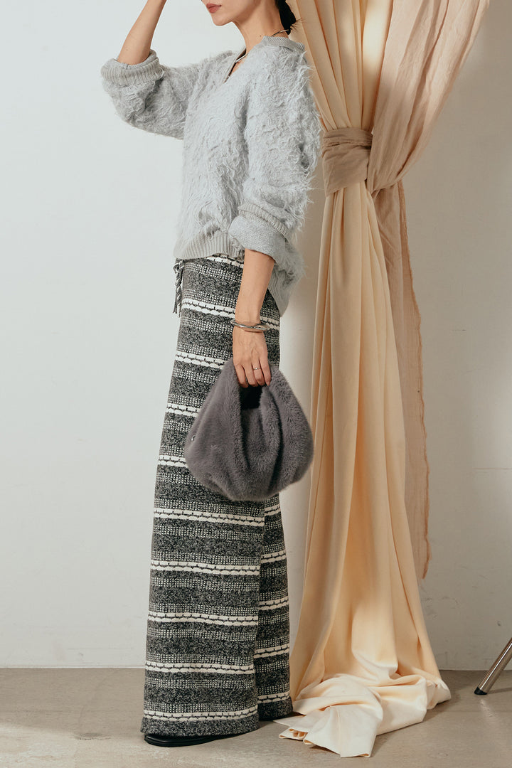 [SET]襟付きシャギーニットポロトップス+マルチライン柄リラックスニットパンツ(2set)