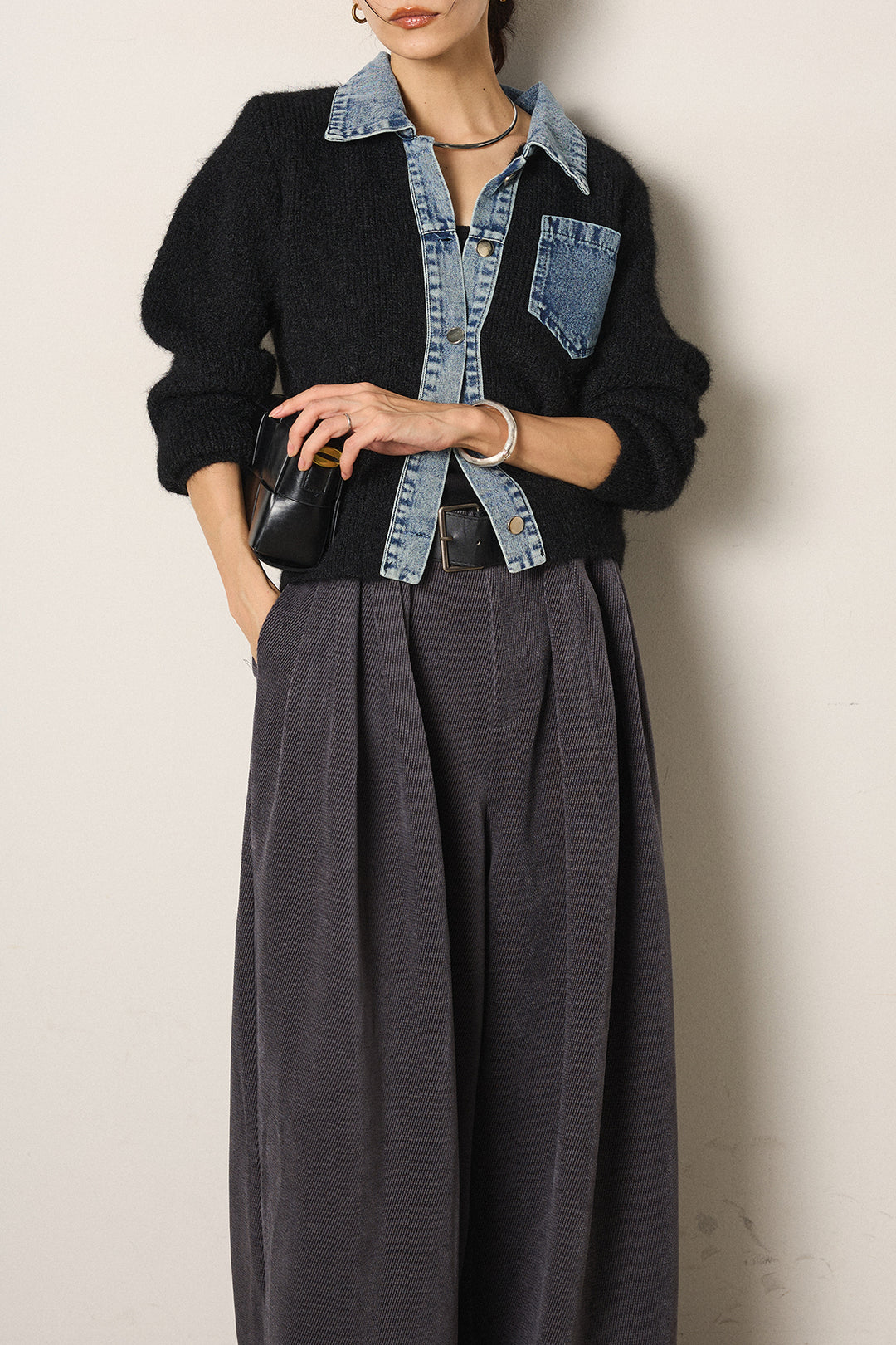 [SET]襟付きデニム切替ニットカーディガン+ベルトループコーデュロイワイドパンツ(2set)