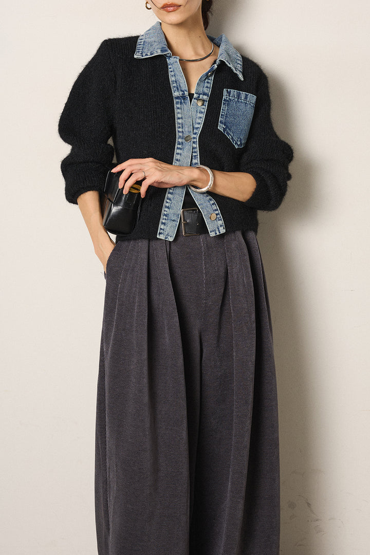 [SET]襟付きデニム切替ニットカーディガン+ベルトループコーデュロイワイドパンツ(2set)