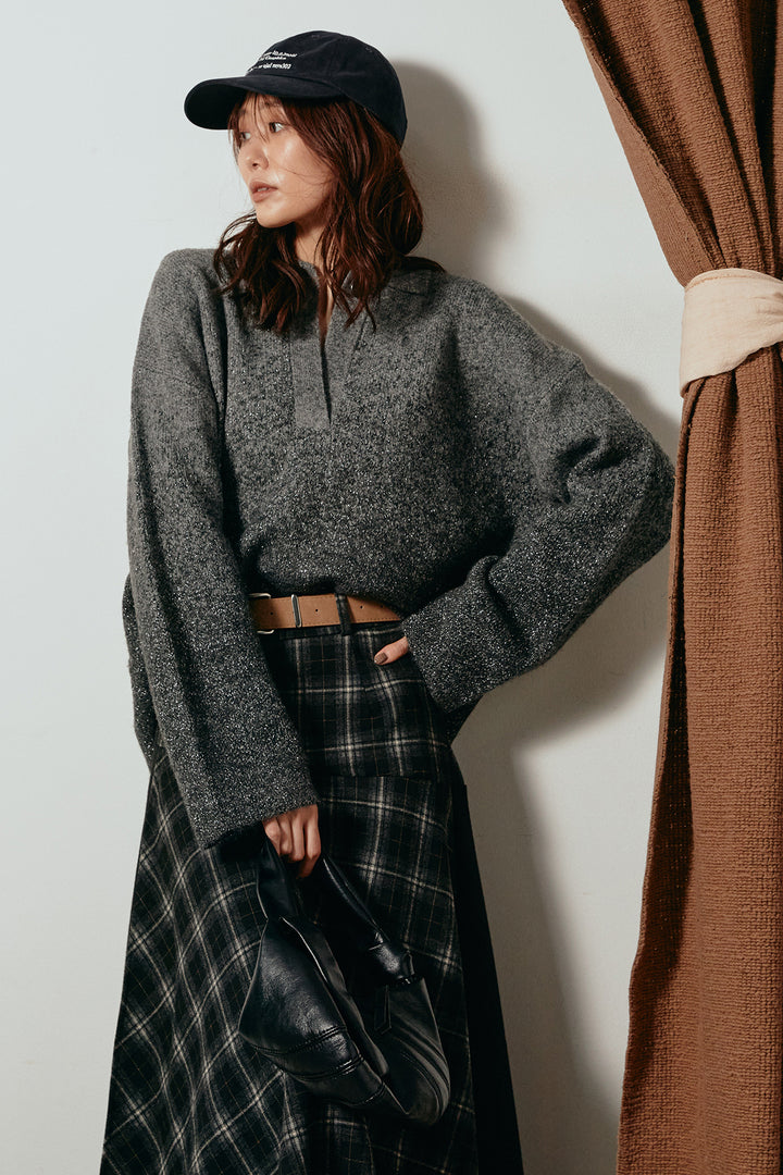[SET]グラデーションラメニットキーネックプルオーバー+フェイクレザーベルト付き切り替えタータンチェックスカート(2set)