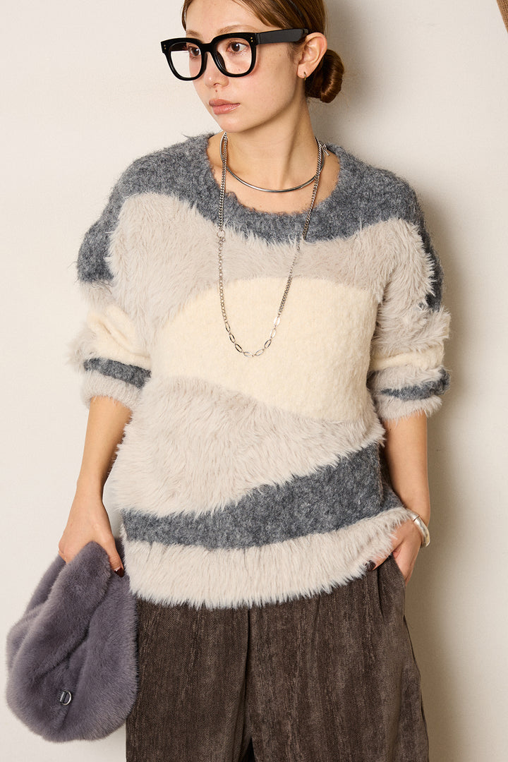 [SET]シャギーウェーブ柄クルーネックニットトップス+かすれデザインワイドパンツ(2set)