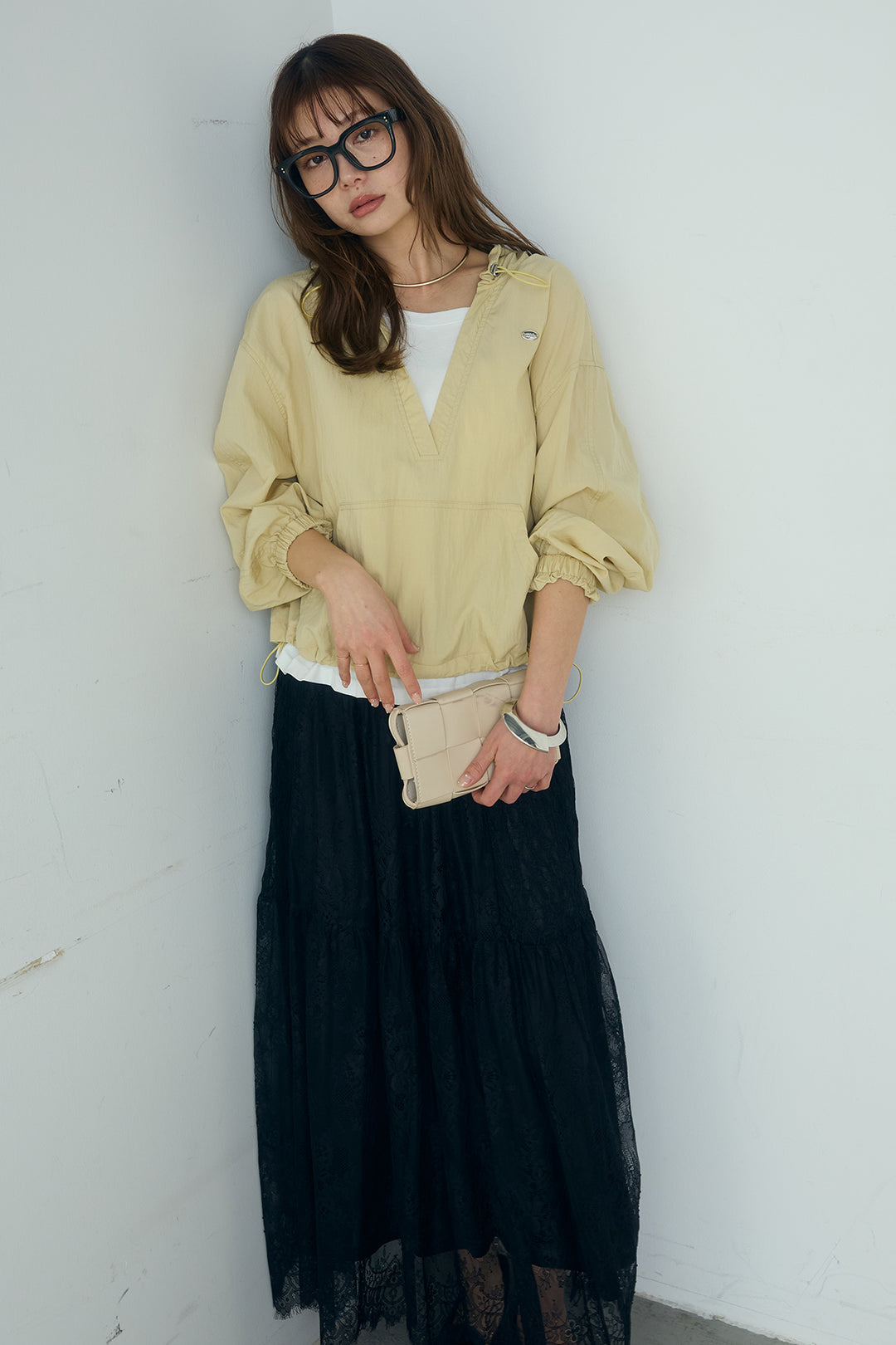 [SET]レイヤードデザインフーディートップス+ひげレース切替ロング丈スカート(2set)