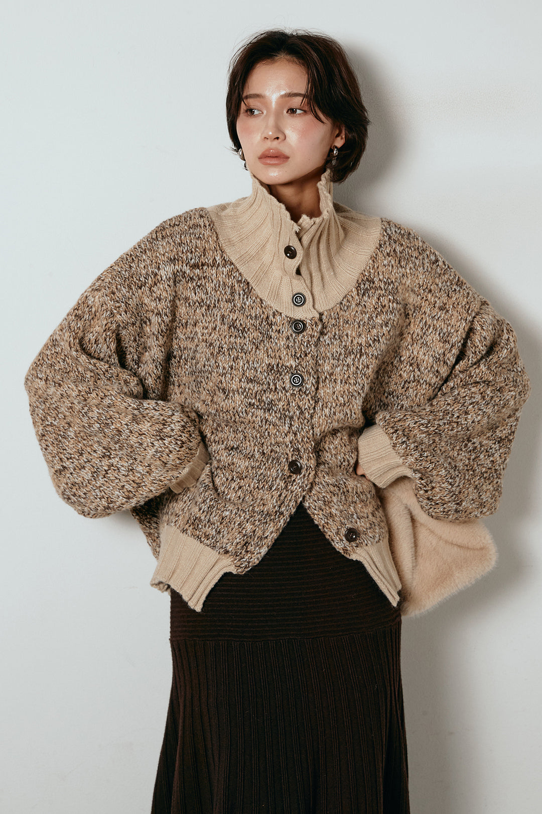 [SET]ハイネックミックスニットカーディガン+編み地切り替えフレアニットスカート(2set)