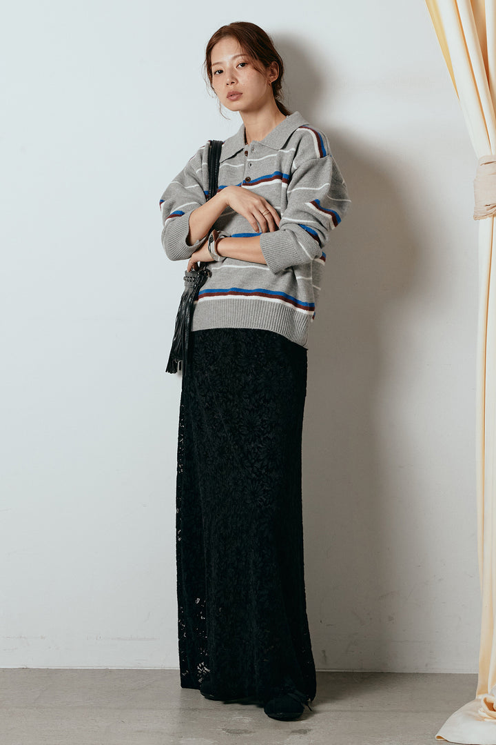 [SET]襟付きマルチボーダーニットポロトップス+花柄刺繍ベロアフレアスカート(2set)