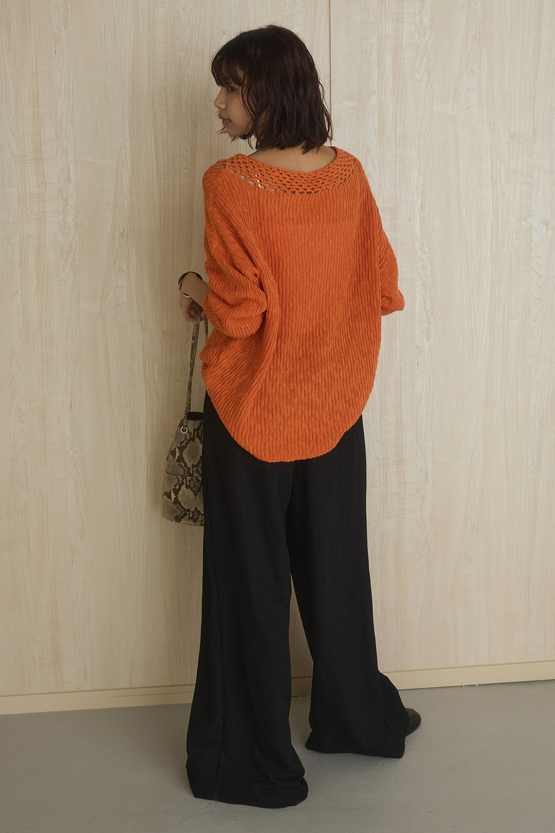 [SET]ネック編みデザインニットトップス+ウエスト折り返しワイドパンツ(2set)