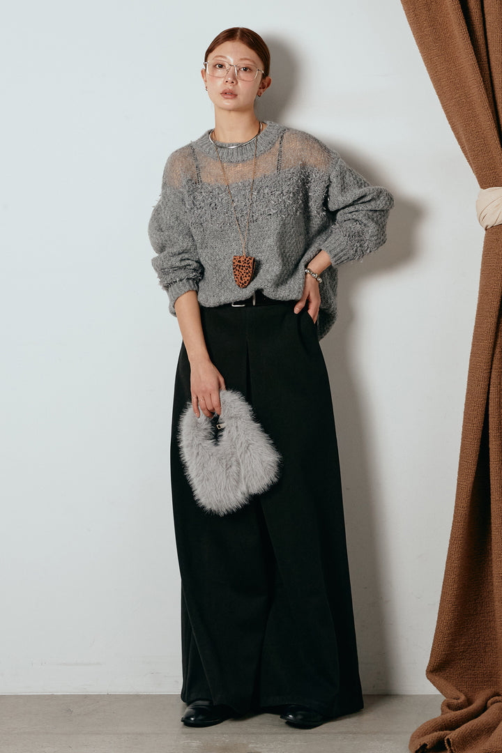 [SET]パターンランダム編みニットトップス+ベルト付きフロントタックデザインパンツ(2set)