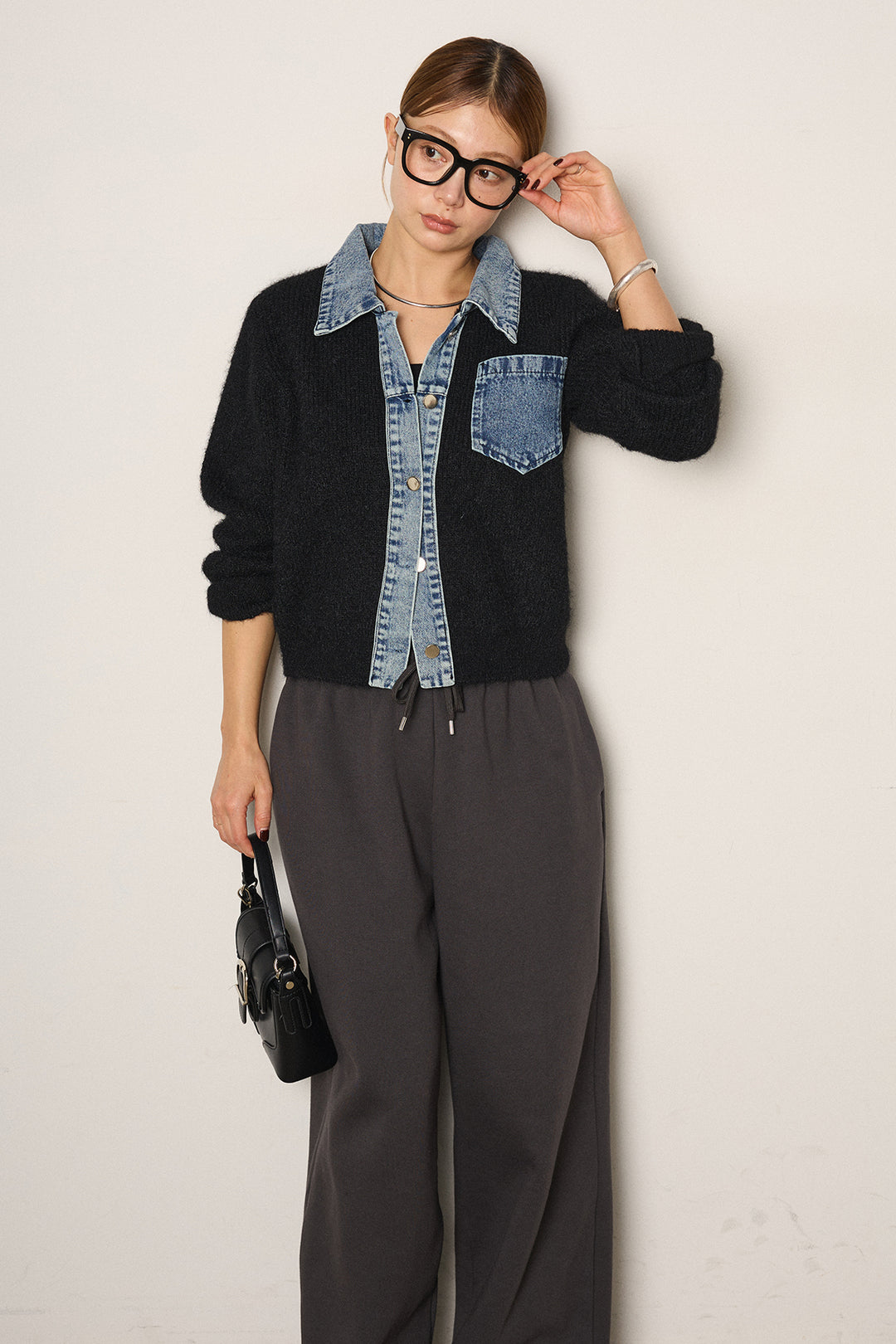 [SET]襟付きデニム切替ニットカーディガン+裏起毛スウェットワイドパンツ(2set)