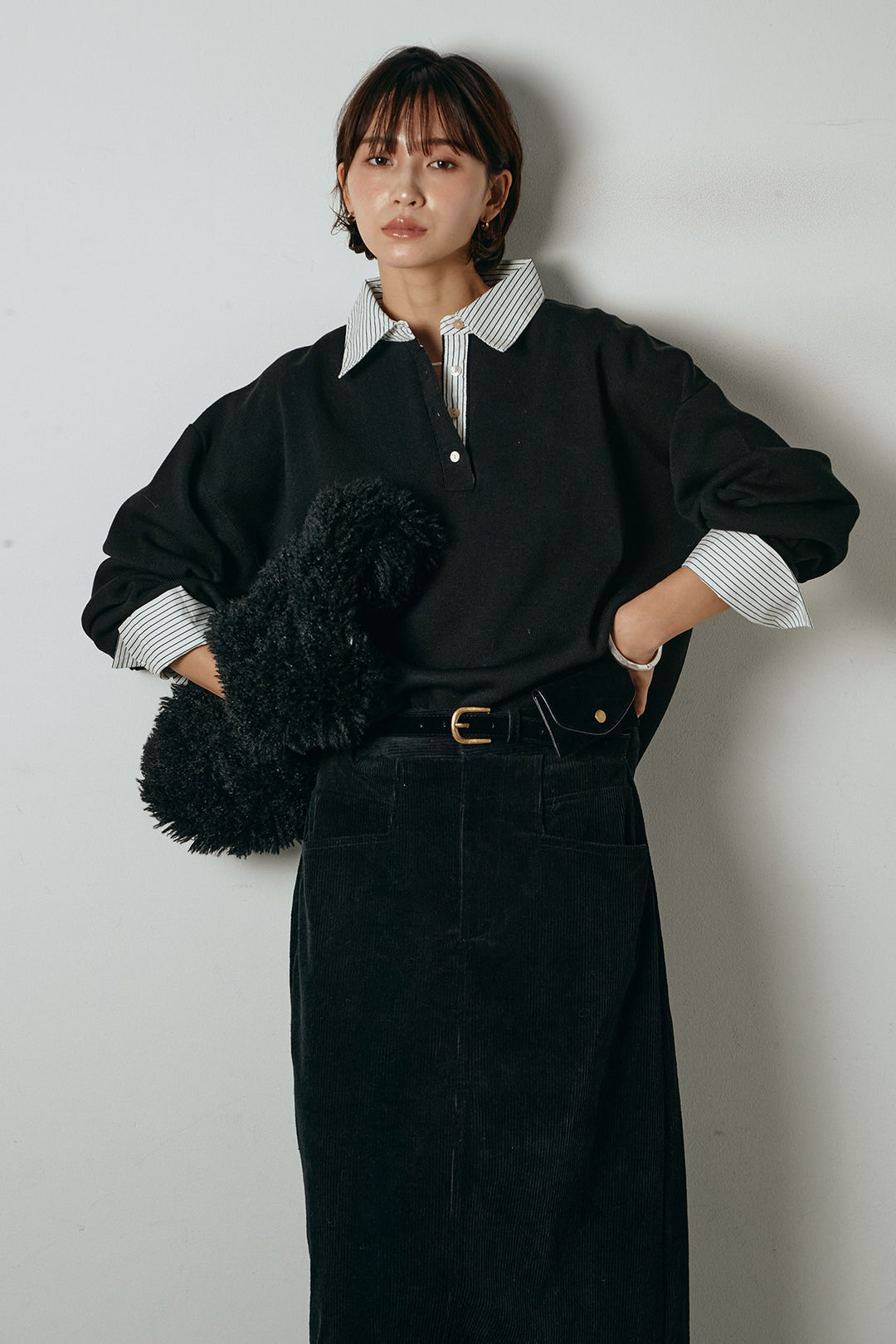 [SET]ストライプシャツドッキングポロトップス+ポーチベルト付きコーデュロイワイドスカート(2set)