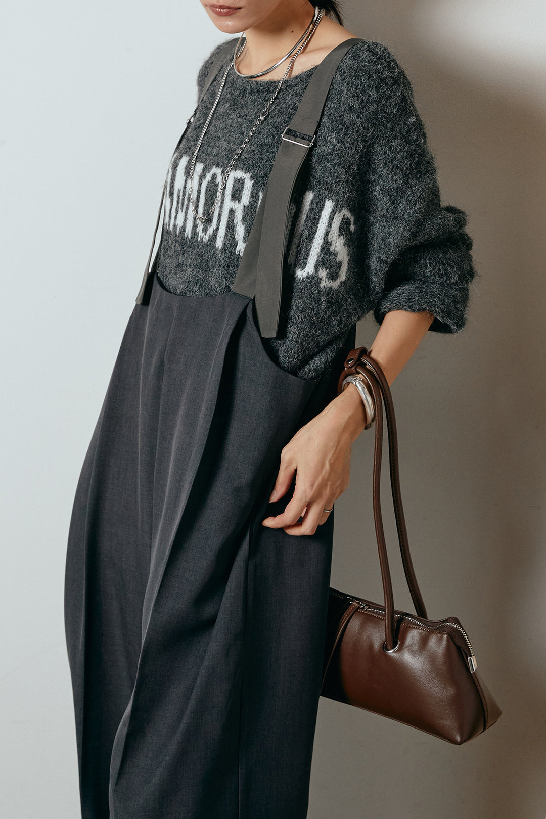 [SET]フロントロゴデザインニットトップス+ワイドツイルサロペット(2set)