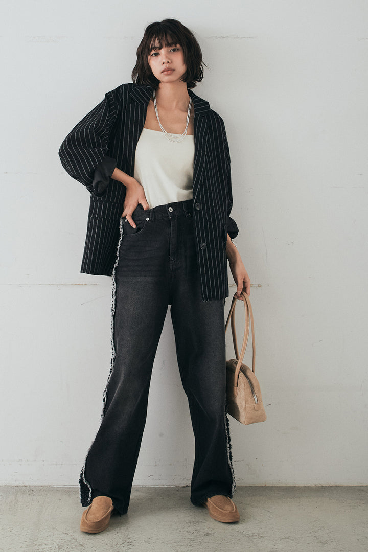 [SET]リネンライクストライプテーラードジャケット+デニムサイドフリルパンツ(2set)