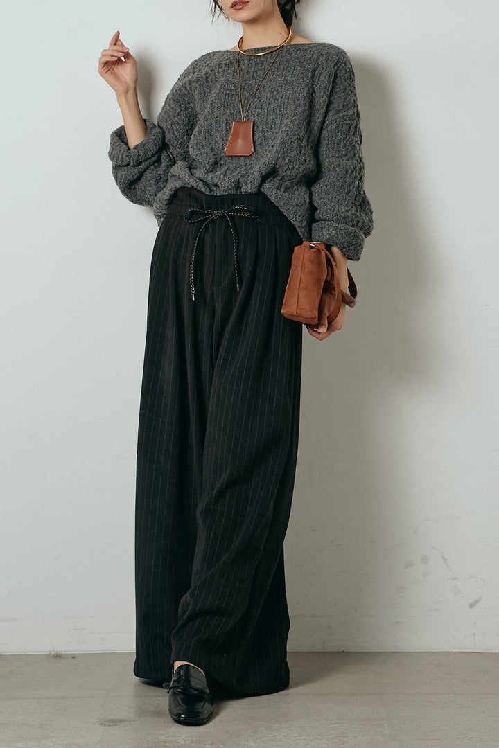 [SET]ボリューム編みニットプルオーバー+編みベルト付きピンストライプワイドパンツ(2set)
