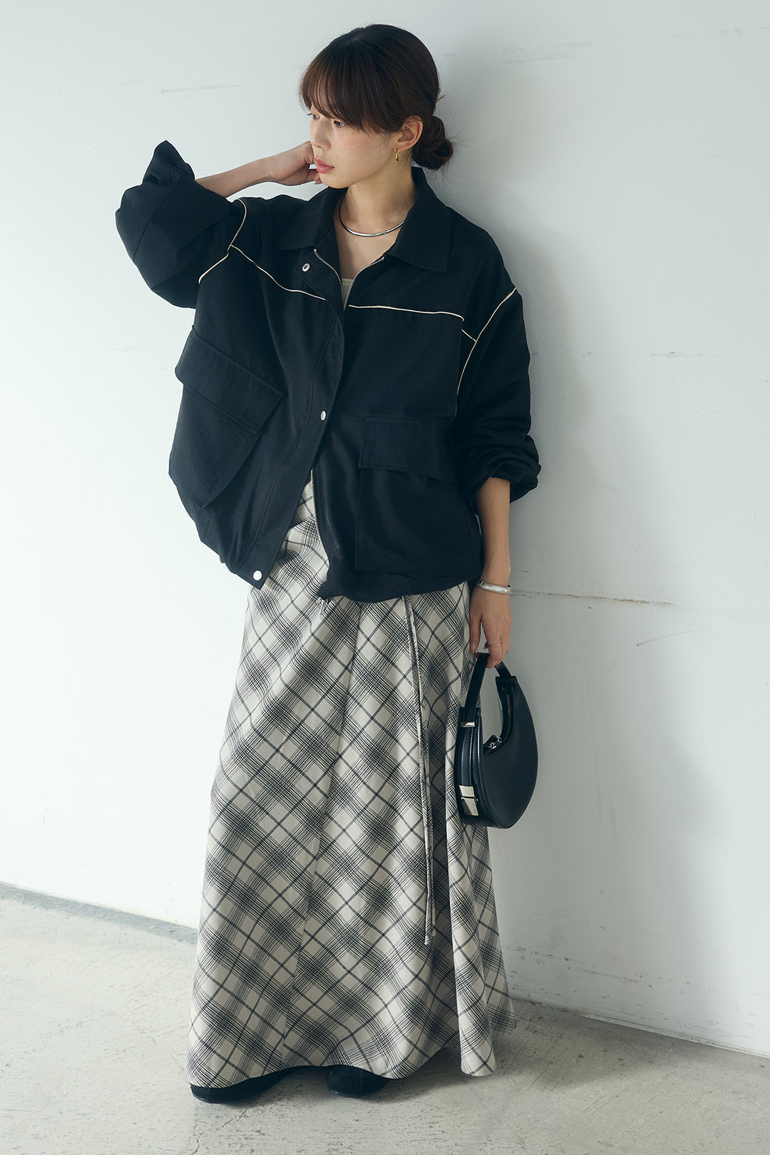 [SET]合繊ツイルバルーンジャケット+タータンチェック柄フロントデザインスカート(2set)
