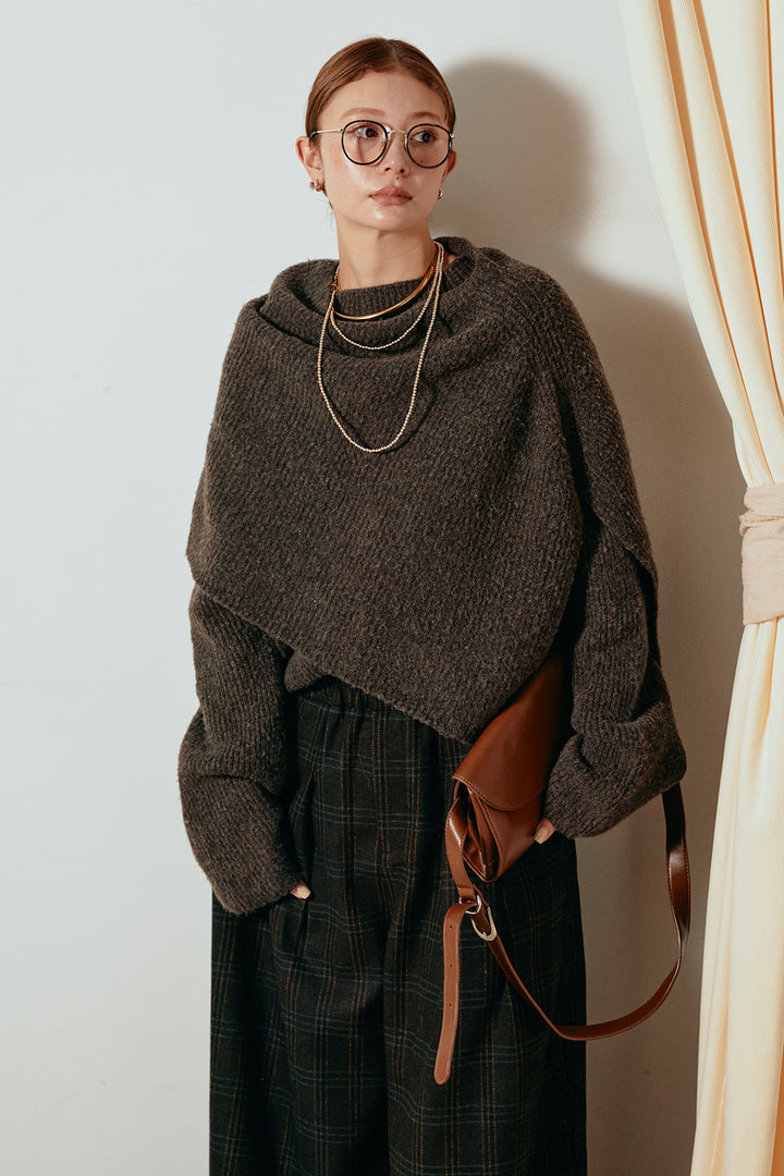 [SET]ケープデザインリブニットトップス+タータンチェック柄タックパンツ(2set)