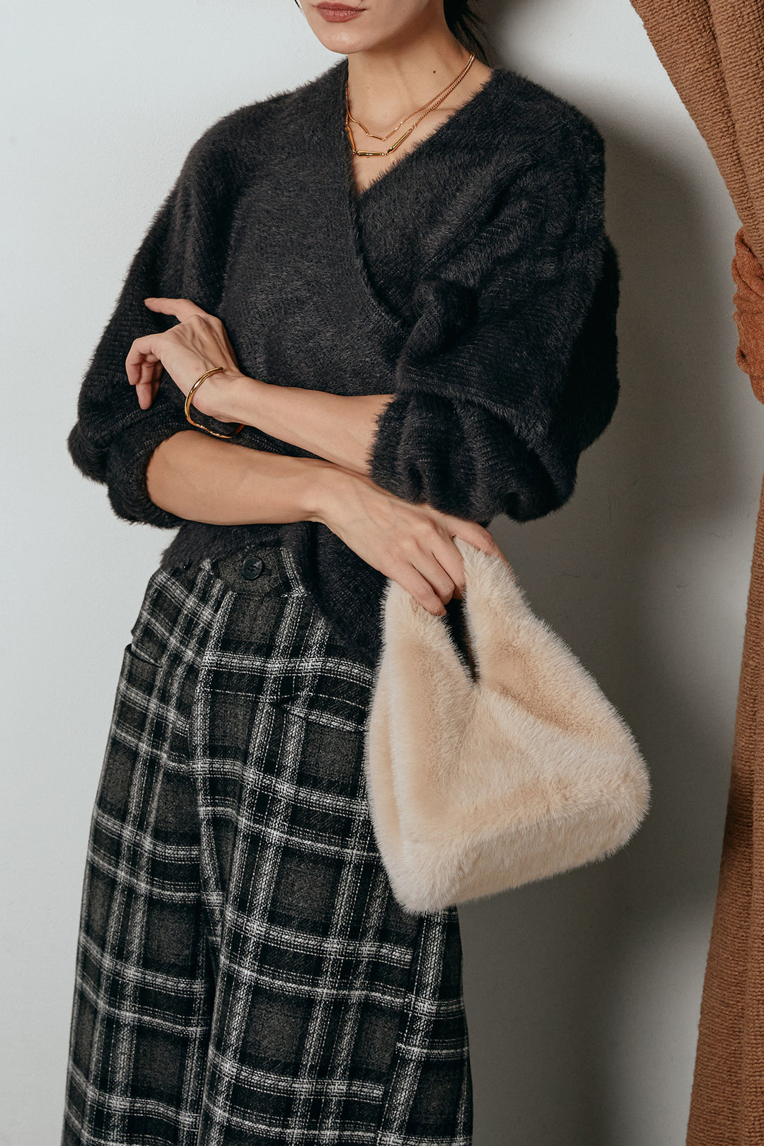 [SET]シャギーカシュクールニットトップス+ルーズタータンチェックワイドパンツ(2set)