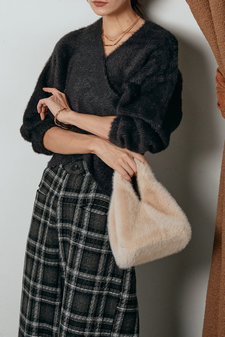 [SET]シャギーカシュクールニットトップス+ルーズタータンチェックワイドパンツ(2set)