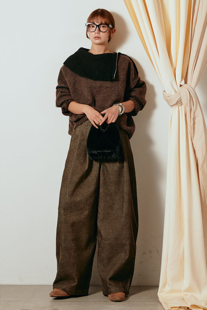 [SET]ハイネックジップデザインニットトップス+フロントタック入りコーデュロイパンツ(2set)