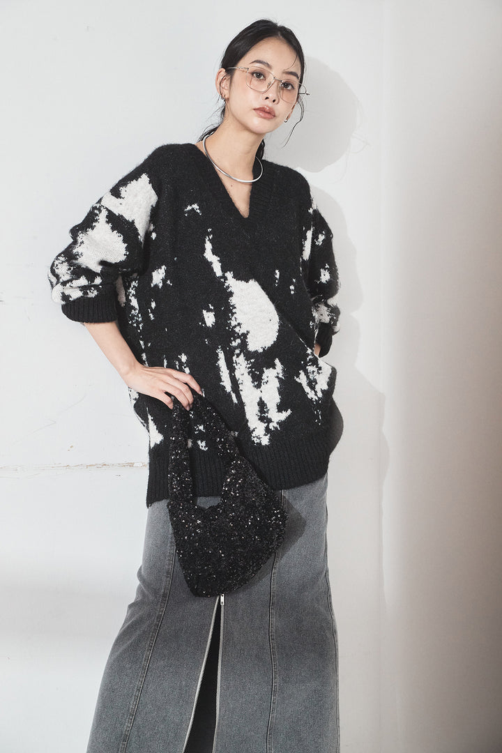 [SET]アブストラクト柄ニットプルオーバー+フロントジップデニムスカート(2set)