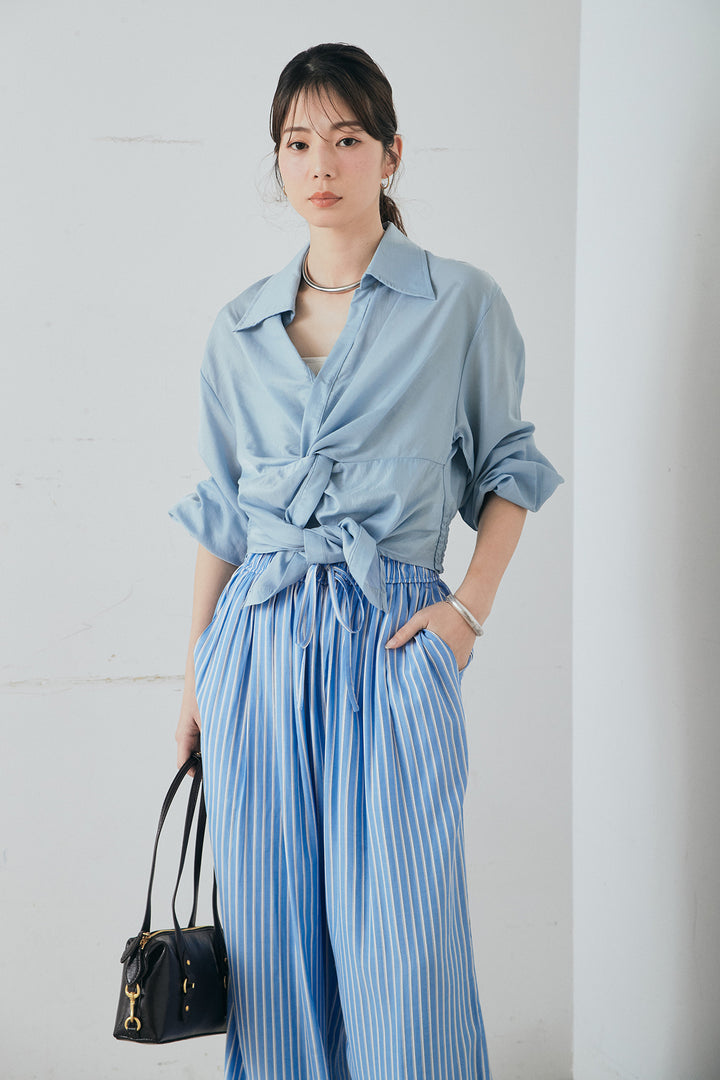 [SET]裾巻きツイストデザインシャツ+レーヨンストライプイージーワイドパンツ(2set)