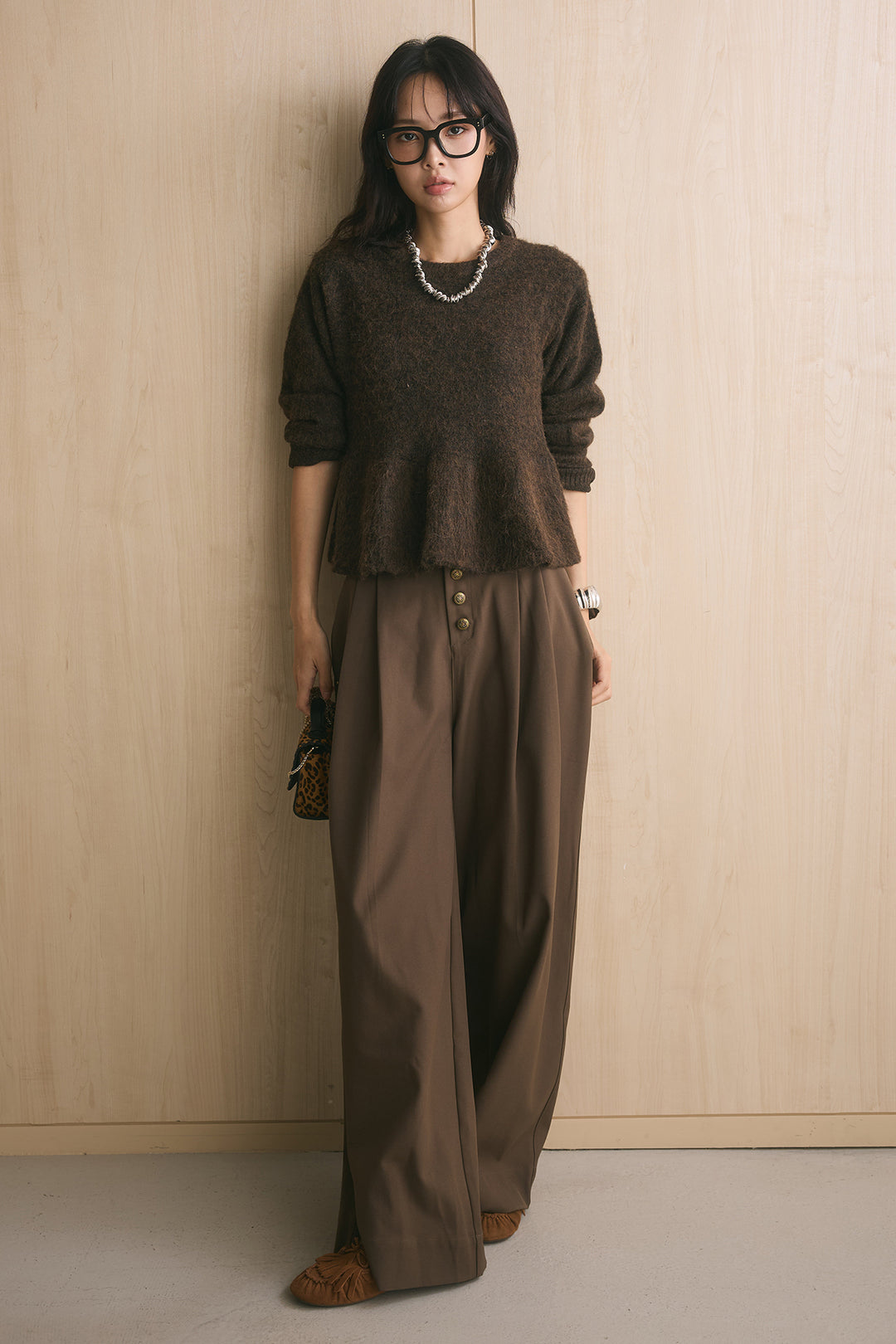 [SET]モヘアぺプラムクルーネックプルオーバー+ファイブボタンツータックワイドパンツ(2set)