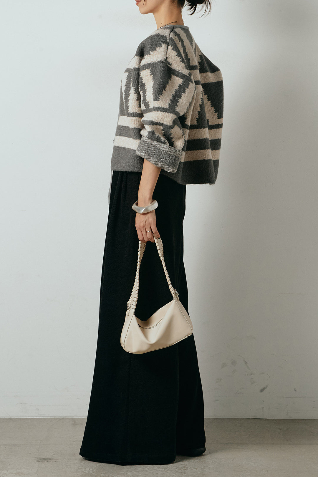 [SET]ノーカラー幾何学模様アウター+ベルトループコーデュロイワイドパンツ(2set)